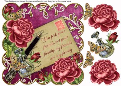 Pink Rose Cerise Friends Are Family 8in Decoupage Topper