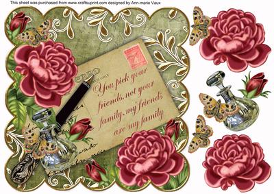 Pink Rose Olive Friends Are Family 8in Decoupage Topper