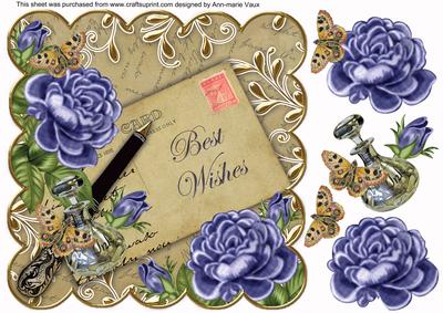 Blue Roses Natural Best Wishes Scallop 8in Decoupage Topper