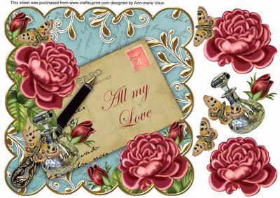 Deep Pink Rose Teal All My Love Scallop 8in Decoupage Topper