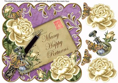 Cream Rose Lilac Happy Returns Scallop 8in Decoupage Topper