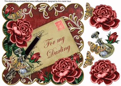 Deep Red Roses for My Darling Scallop 8in Decoupage Topper