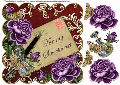 Purple Roses Claret for My Sweetheart 8in Decoupage Topper