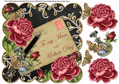 Deep Pink Rose Black Mam Mothers Day 8in Decoupage Topper