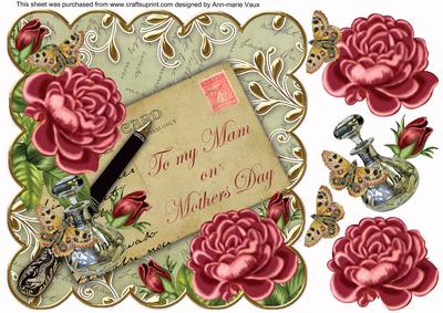 Deep Pink Rose Olive Mam Mothers Day 8in Decoupage Topper