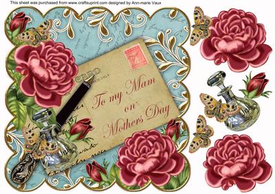 Deep Pink Rose Teal Mam Mothers Day 8in Decoupage Topper