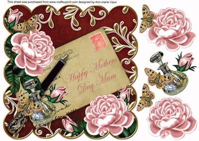 Pink Rose Claret 2 Mothers Day Mam 8in Decoupage Topper