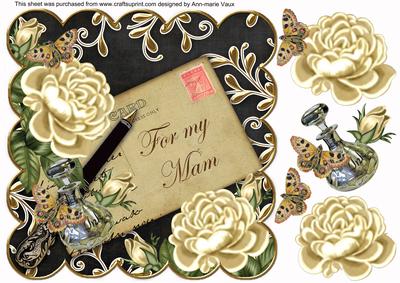 Cream Roses Black for My Mam 8in Decoupage Topper