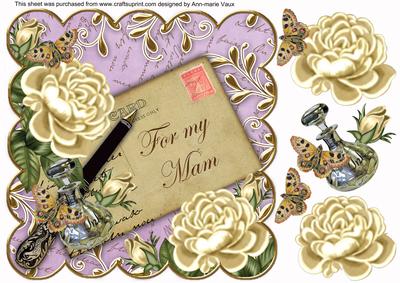 Cream Roses Lilac for My Mam 8in Decoupage Topper