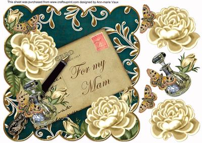 Cream Roses Petrol for My Mam 8in Decoupage Topper