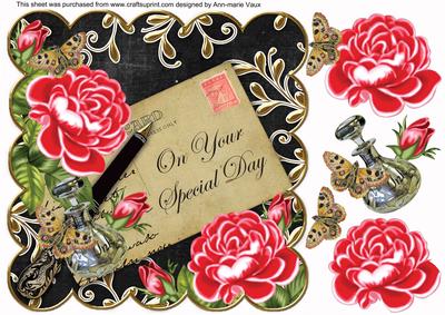 Red Roses Black Special Day 8in Decoupage Topper