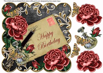 Deep Red Roses Black Happy Birthday 8in Decoupage Topper