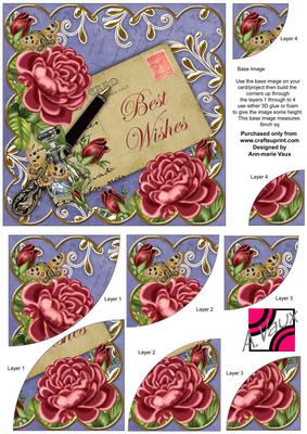 Deep Pink Roses Blue Best Wishes 6in Duo Corner Stacker