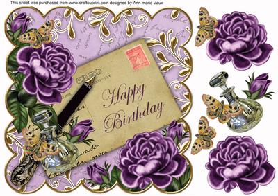 Purple Roses Happy Birthday 8in Decoupage Topper
