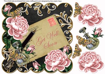 Pink Roses Black Get Well Soon 8in Decoupage Toppe