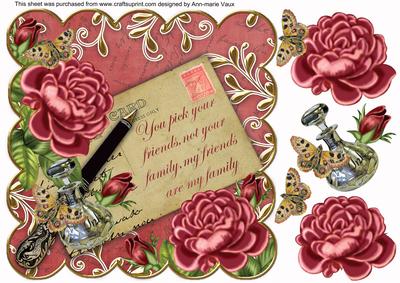 Deep Pink Roses Friends Are Family 8in Decoupage Toppe
