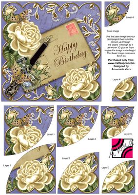 Cream Roses Blue Happy Birthday 6in Duo Corner Stacker
