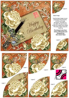 Cream Roses Burnt Happy Birthday 6in Duo Corner Stacker