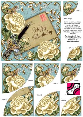 Cream Roses Teal Happy Birthday 6in Duo Corner Stacker