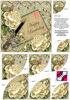 Cream Roses Olive Happy Birthday 6in Duo Corner Stacker