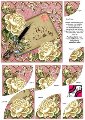 Cream Roses Pink Happy Birthday 6in Duo Corner Stacker