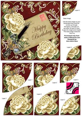 Cream Roses Red Happy Birthday 6in Duo Corner Stacker