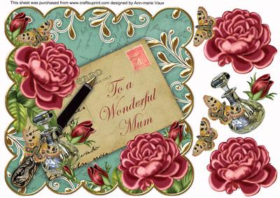 Deep Pink Roses Teal Wonderful Mum 8in Decoupage Topper