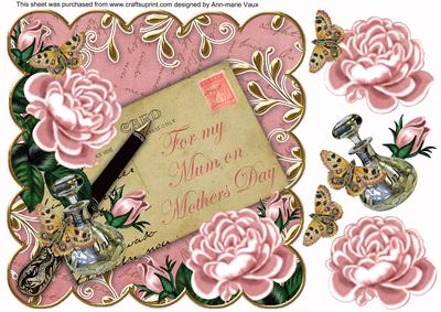 Pink Roses Mum on Mothers Day 8in Decoupage Topper