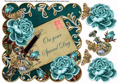 Teal Roses Petrol Special Day 8in Decoupage Topper