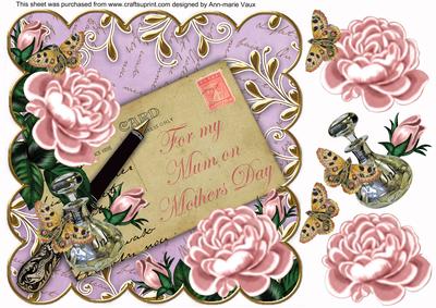 Pink Roses Lilac Mum on Mothers Day 8in Decoupage Topper
