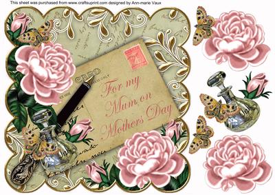 Pink Roses Olive Mum on Mothers Day 8in Decoupage Topper