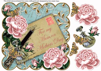Pink Roses Teal Mum on Mothers Day 8in Decoupage Topper