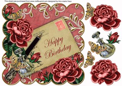 Dusky Pink Roses Happy Birthday 8in Decoupage Topper