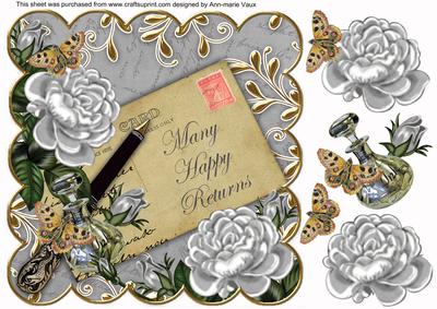 Silver Roses Many Happy Returns 8in Decoupage Topper