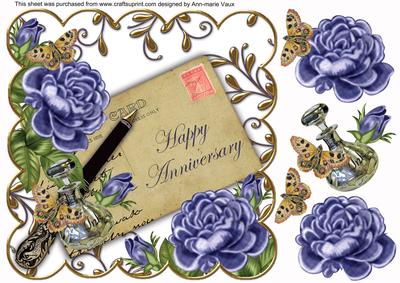 Blue Roses Happy Anniversary Ink Saver 8in Decoupage Topper