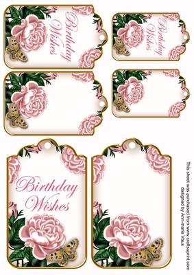 Pink Roses Birthday Wishes Sentiment Ink Saver Tag Sheet