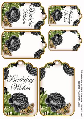 Black Roses Birthday Wishes Sentiment Ink Saver Tag Sheet