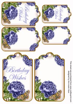 Blue Roses Birthday Wishes Sentiment Ink Saver Tag Sheet