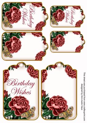 Deep Pink Rose Birthday Wishes Sentiment Ink Saver Tag Sheet