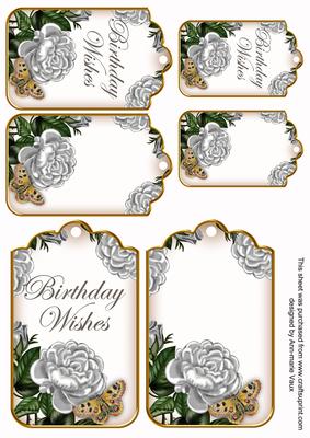 Silver Roses Birthday Wishes Sentiment Ink Saver Tag Sheet