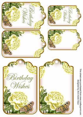 Lemon Roses Birthday Wishes Sentiment Ink Saver Tag Sheet