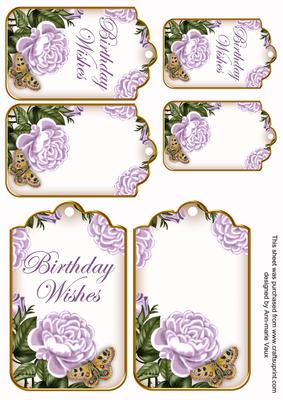 Lilac Roses Birthday Wishes Sentiment Ink Saver Tag Sheet
