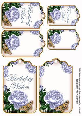 Pale Blue Rose Birthday Wishes Sentiment Ink Saver Tag Sheet