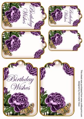 Purple Roses Birthday Wishes Sentiment Ink Saver Tag Sheet