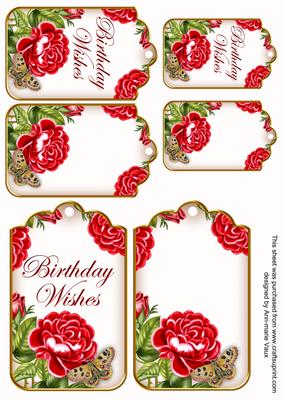 Red Roses Birthday Wishes Sentiment Ink Saver Tag Sheet