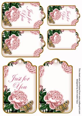 Pink Roses Just for You Sentiment Ink Saver Tag Sheet