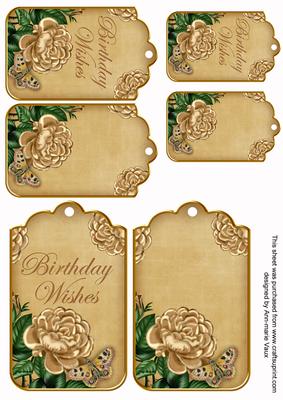 Cream Roses Vintage Birthday Wishes Sentiment Tag Sheet