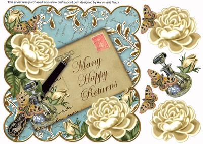 Cream Roses Teal Happy Returns 8in Scallop Decoupage Topper