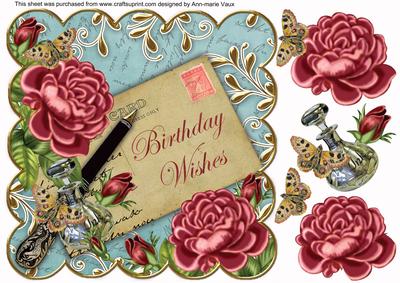 Dpink Rose Teal Birthday Wishes 8in Scallop Decoupage Topper