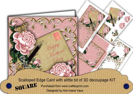 Pink Rose Mothers Day Scallop Postcard 3D Decoupage Card Kit